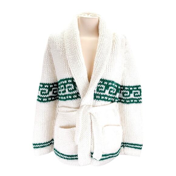 VTG Handmade Knit Cardigan S Petite White Green Chunky Belted Sweater Western - Picture 1 of 6